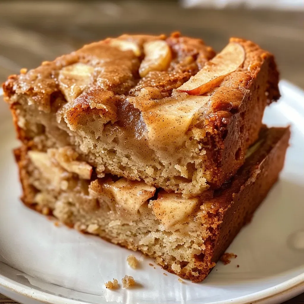 Close-up side view of warm, sliced Cinnamon Apple Bread displaying juicy apple chunks and a cinnamon topping.