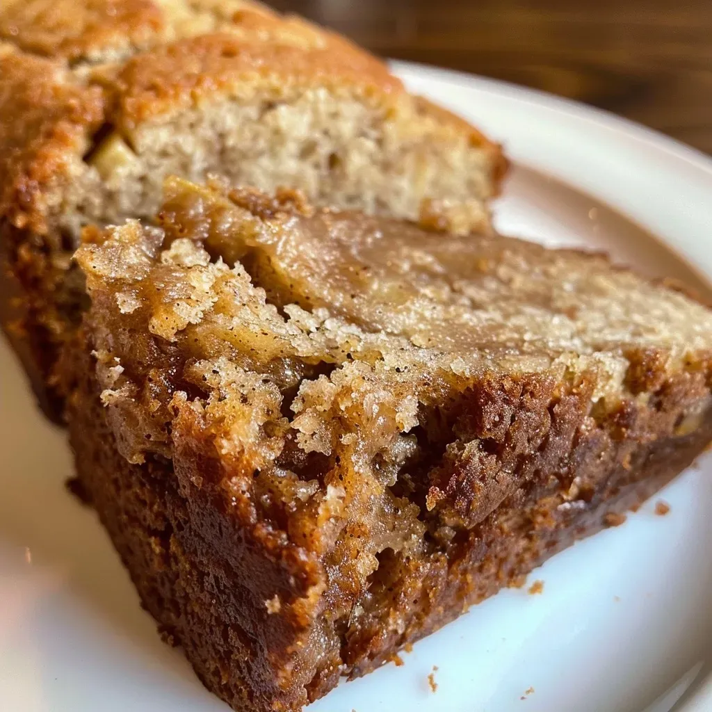 Close-up side view of warm, sliced Cinnamon Apple Bread displaying juicy apple chunks and a cinnamon topping.