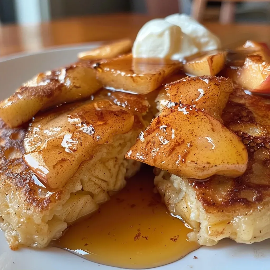 ['Close-up of a golden-brown Cinnamon Apple Puffed Pancake topped with whipped cream and maple syrup.', 'Side view of a fluffy pancake filled with apple slices and cinnamon, drizzled with syrup.', 'Juicy Cinnamon Apple Puffed Pancake with a light dusting of cinnamon and a dollop of whipped cream.', 'Vibrant display of a puffed pancake featuring honeycrisp apples and syrup, capturing its texture.']