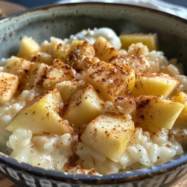['A close-up view of a bowl of cinnamon apple rice pudding with visible chunks of apples and a sprinkle of cinnamon on top.', 'Side view of creamy rice pudding featuring chopped apples and a dusting of cinnamon, served in a white bowl.', 'Delicious cinnamon apple rice pudding in a bowl, showcasing the texture of the rice and apple pieces.', 'Close-up of rich rice pudding with diced apples and a cinnamon swirl, highlighting the creamy consistency.']