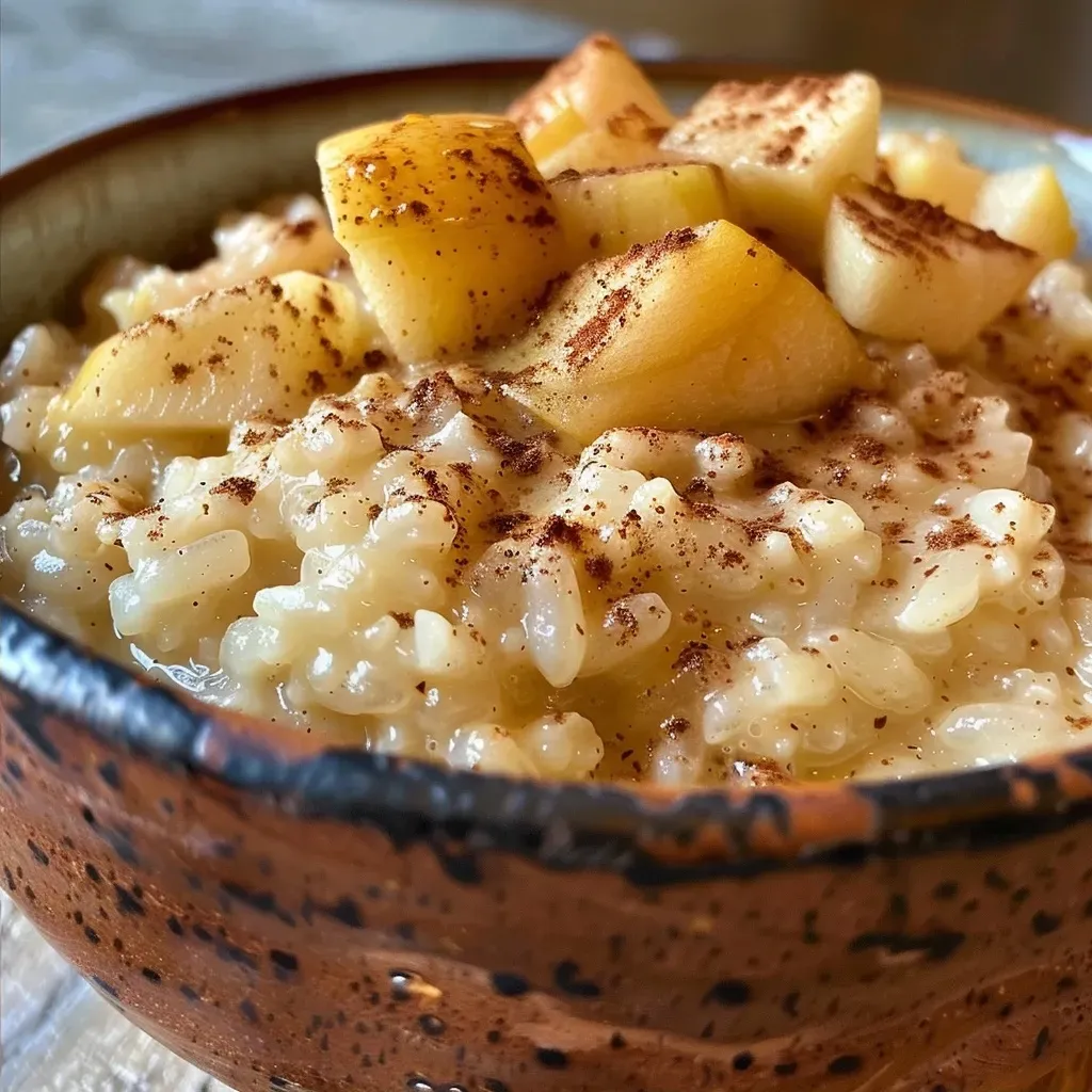 ['A close-up view of a bowl of cinnamon apple rice pudding with visible chunks of apples and a sprinkle of cinnamon on top.', 'Side view of creamy rice pudding featuring chopped apples and a dusting of cinnamon, served in a white bowl.', 'Delicious cinnamon apple rice pudding in a bowl, showcasing the texture of the rice and apple pieces.', 'Close-up of rich rice pudding with diced apples and a cinnamon swirl, highlighting the creamy consistency.']