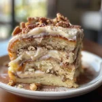 ['Close-up view of a cinnamon roll cake with a glossy glaze and pecans.', 'Side view of a moist cinnamon roll cake layered with icing and topped with nuts.', 'Detailed image of a slice of cinnamon roll cake showcasing its fluffy texture and cinnamon swirls.', 'Juicy cinnamon roll cake with a caramelized top and creamy icing drizzled over it.']