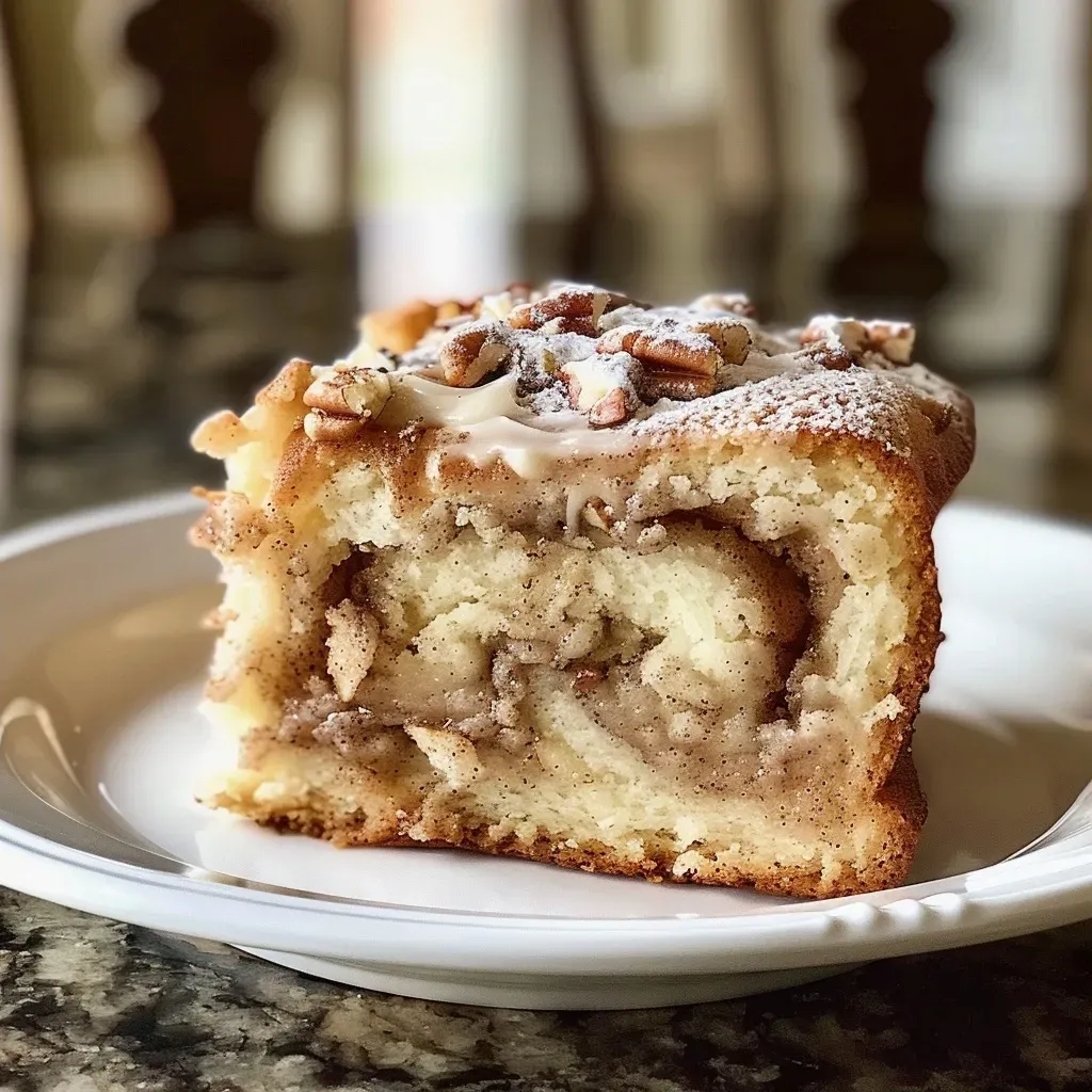 ['Close-up view of a cinnamon roll cake with a glossy glaze and pecans.', 'Side view of a moist cinnamon roll cake layered with icing and topped with nuts.', 'Detailed image of a slice of cinnamon roll cake showcasing its fluffy texture and cinnamon swirls.', 'Juicy cinnamon roll cake with a caramelized top and creamy icing drizzled over it.']