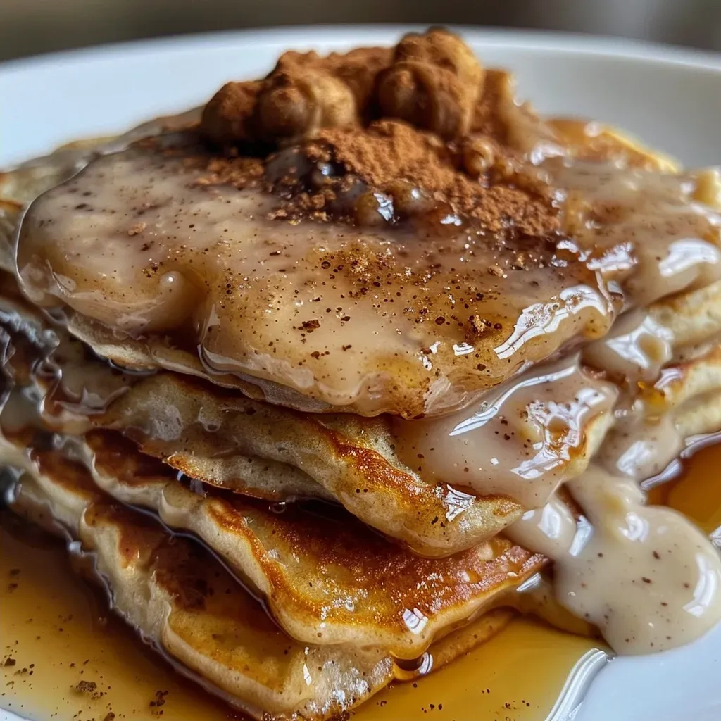 ['Close-up view of golden brown cinnamon roll pancakes stacked with drizzled maple syrup.', 'Side view of fluffy cinnamon roll pancakes topped with cream cheese frosting and sprinkled cinnamon.', 'Juicy cinnamon roll pancakes on a plate, featuring a glossy maple syrup glaze and a side of fresh berries.', 'Appetizing cinnamon roll pancakes with a creamy topping, surrounded by a warm kitchen setting.']