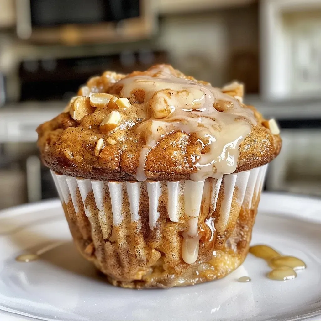 Close-up view of a delicious cinnamon roll protein muffin, highlighting its texture and ingredients.
