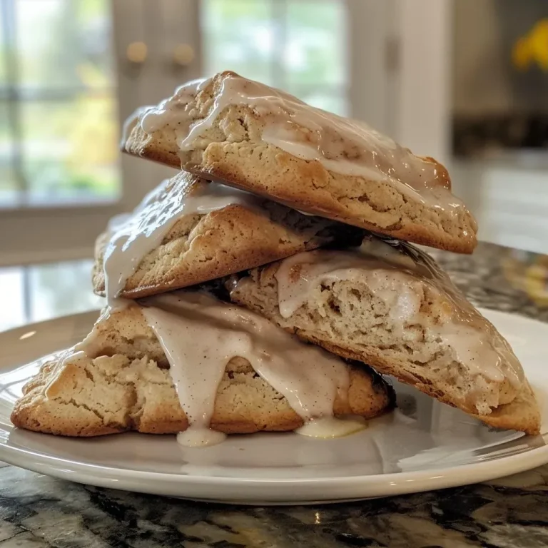 ['Close-up of cinnamon scones with a glossy maple glaze drizzled on top.', 'Side view of freshly baked cinnamon scones topped with a sweet maple glaze.', 'Delicious cinnamon scones with a shiny maple icing, showcasing their fluffy texture.', 'Juicy and golden cinnamon scones with a smooth layer of maple glaze.']