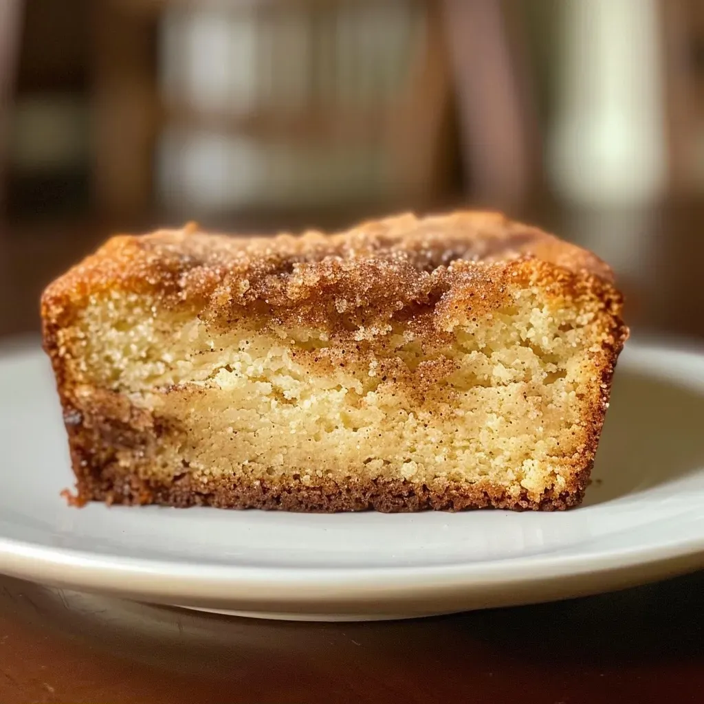 Close-up side view of a moist cinnamon sugar loaf cake showcasing a golden-brown crust.