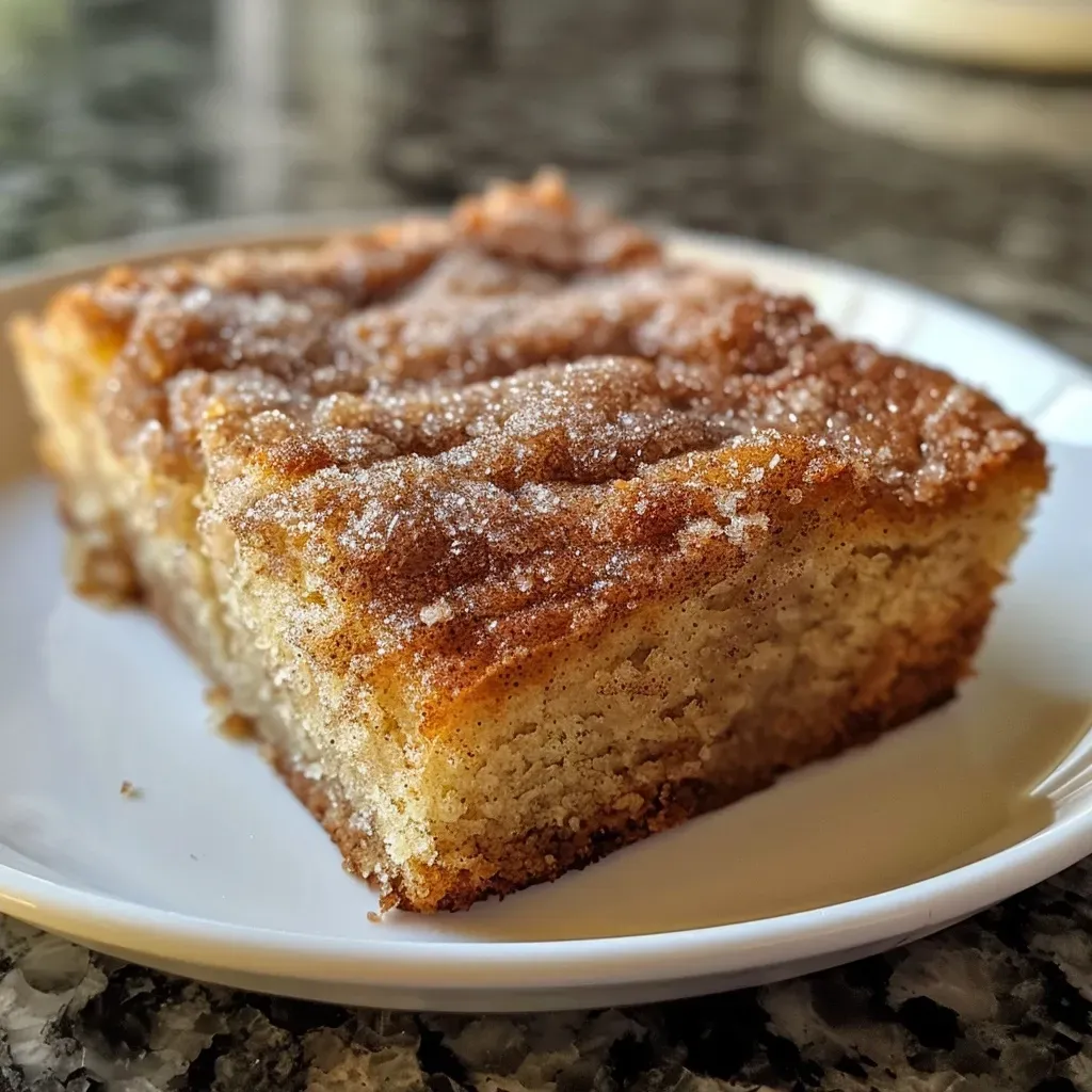 Close-up view of a moist cinnamon sugar snack cake with a golden-brown top.