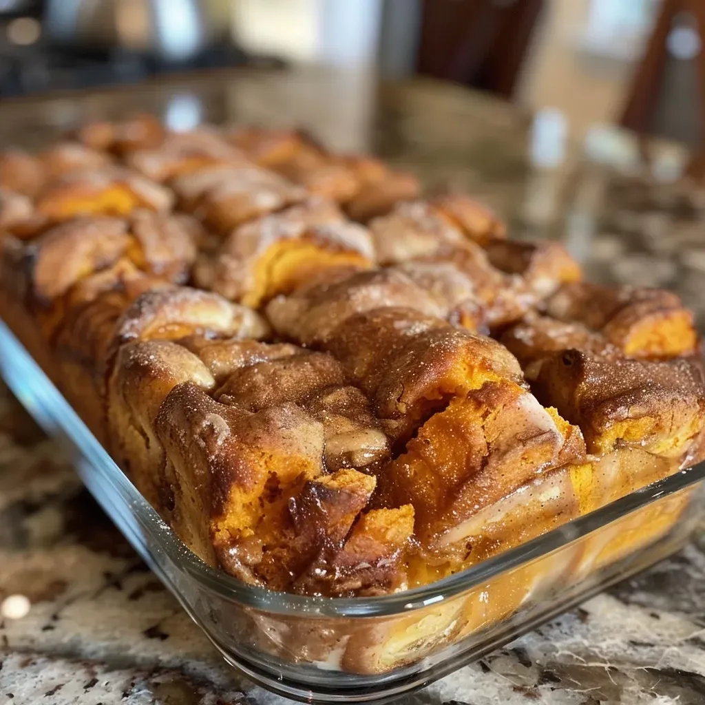 Side view of a golden-brown pull-apart bread layered with cinnamon sugar and sweet potato filling.
