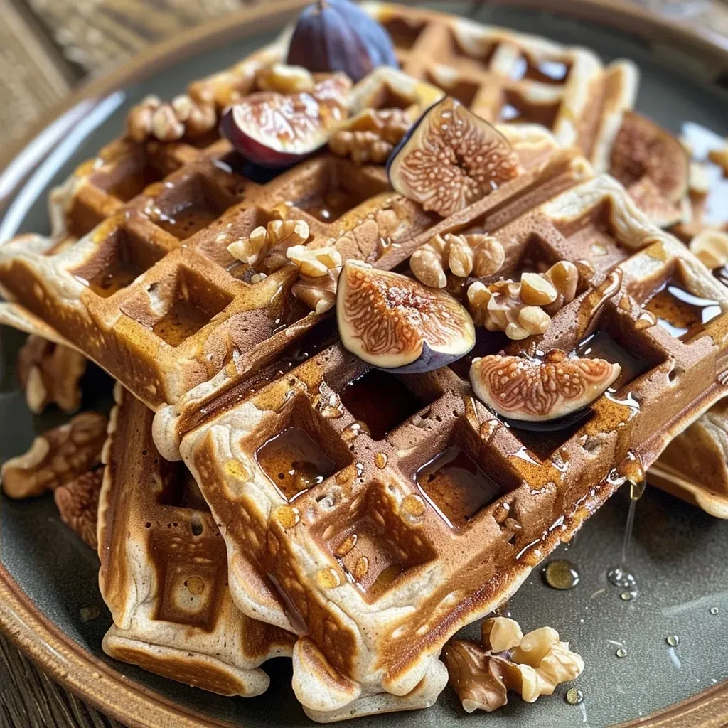 Close-up view of golden-brown waffles topped with figs and walnuts, displaying a rich texture.