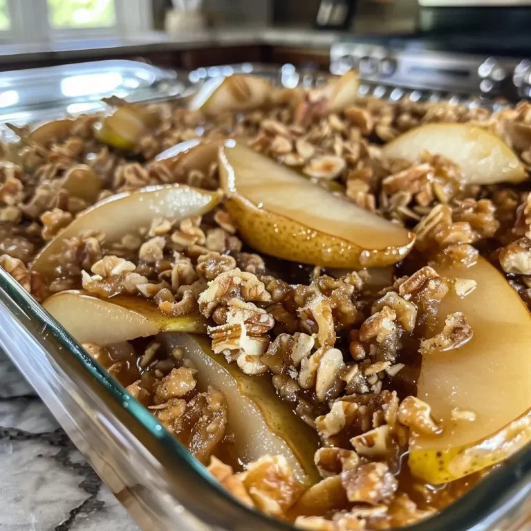 ['Close-up view of a warm Cinnamon Walnut Pear Crisp with a golden-brown topping and slices of pear visible.', 'Detailed image of Cinnamon Walnut Pear Crisp showing its crunchy topping and juicy pear filling.', 'Side view of Cinnamon Walnut Pear Crisp with chopped walnuts and a flaky topping over pear slices.', 'Delicious Cinnamon Walnut Pear Crisp displayed with a sprinkle of cinnamon on top and melted butter glistening.']