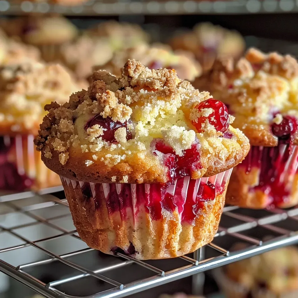 A close-up side view of a cranberry orange streusel muffin with a golden brown topping.