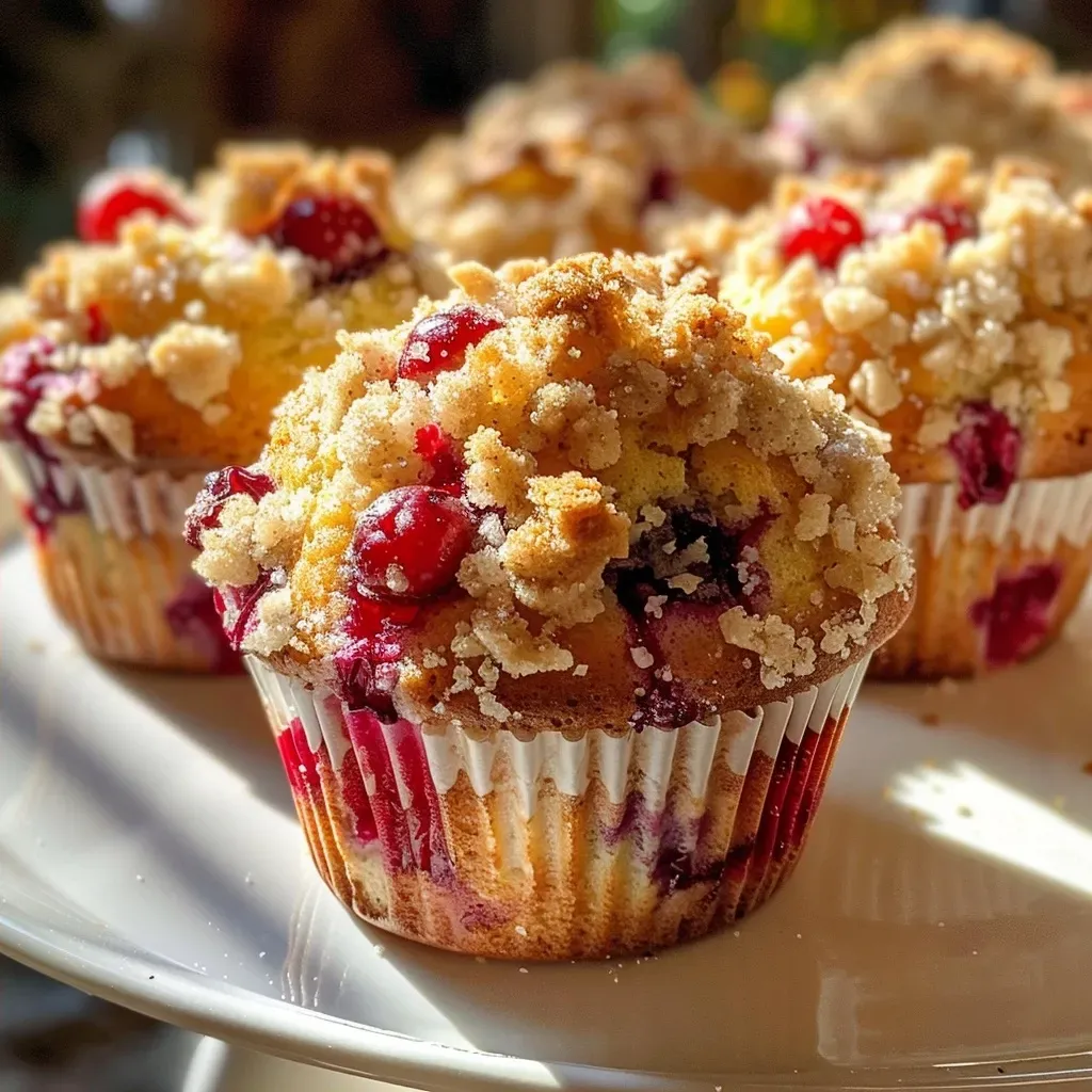 A close-up side view of a cranberry orange streusel muffin with a golden brown topping.