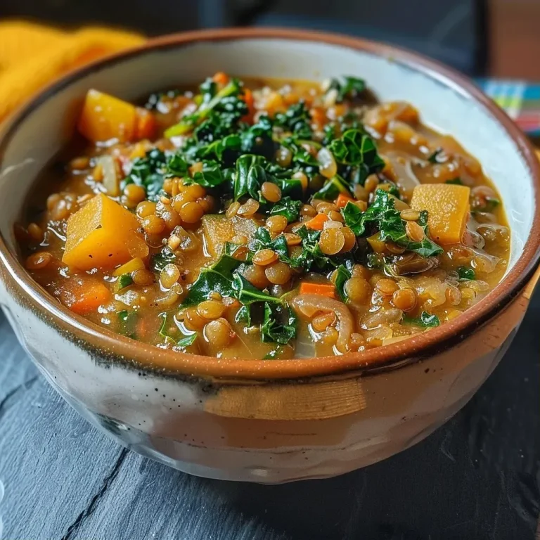 ['Close-up view of a hearty lentil and kale stew in a bowl.', 'Side photo of a delicious green and brown lentil stew with kale and vegetables.', 'Juicy lentil and kale stew served in a rustic dish, showcasing vibrant ingredients.', 'A warm bowl of kale and lentil stew, filled with colorful vegetables and rich broth.']