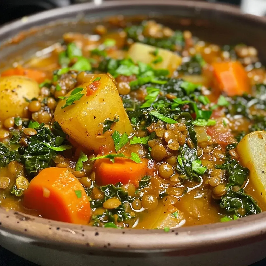 Close-up view of a hearty lentil and kale stew in a bowl.