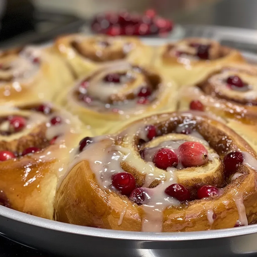 Close-up view of freshly baked cranberry cinnamon rolls topped with an orange glaze.