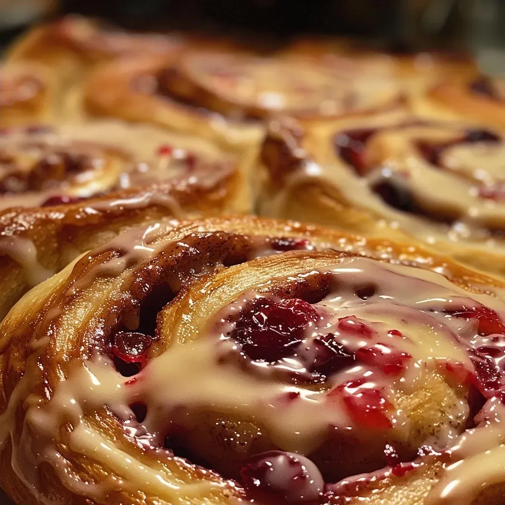 Close-up view of freshly baked cranberry cinnamon rolls topped with an orange glaze.