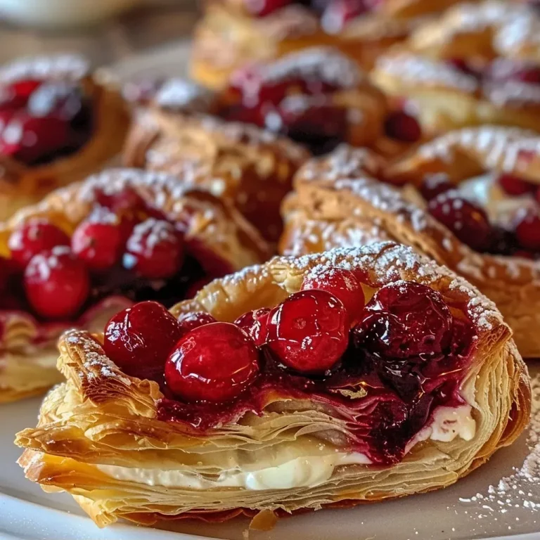 ['Close-up of a Honey Orange Cranberry Cream Cheese Danish with glistening cranberries and a golden brown pastry.', 'Side view of a flaky Danish filled with cream cheese and topped with honey and cranberries.', 'Juicy cranberry Danish showcasing a rich cream cheese filling and a sprinkle of powdered sugar.', 'Freshly baked Danish pastry with a vibrant cranberry-orange filling, presented on a plate.']