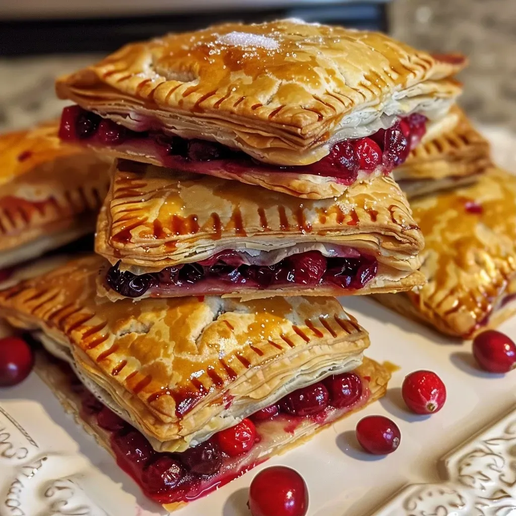 Close-up view of a golden-brown cranberry hand pie with a flaky crust.