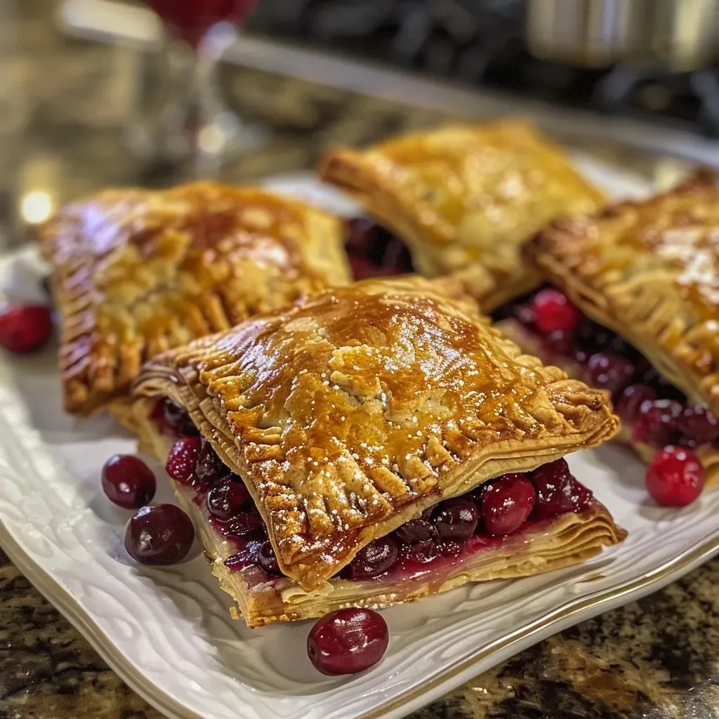 Close-up view of a golden-brown cranberry hand pie with a flaky crust.