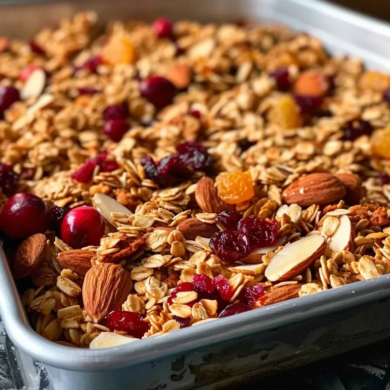 ['A close-up view of a textured bowl of Cranberry Orange Almond Granola, showcasing vibrant cranberries and almond slices.', 'Side profile of a bowl filled with granola, featuring bright orange zest and dried cranberries among oats and almonds.', 'Detailed image of crunchy Cranberry Orange Almond Granola with visible almonds and cranberries, highlighting its fresh ingredients.', 'Close-up view of granola, with a mix of rolled oats, sliced almonds, and dried cranberries, set in a clear bowl.']