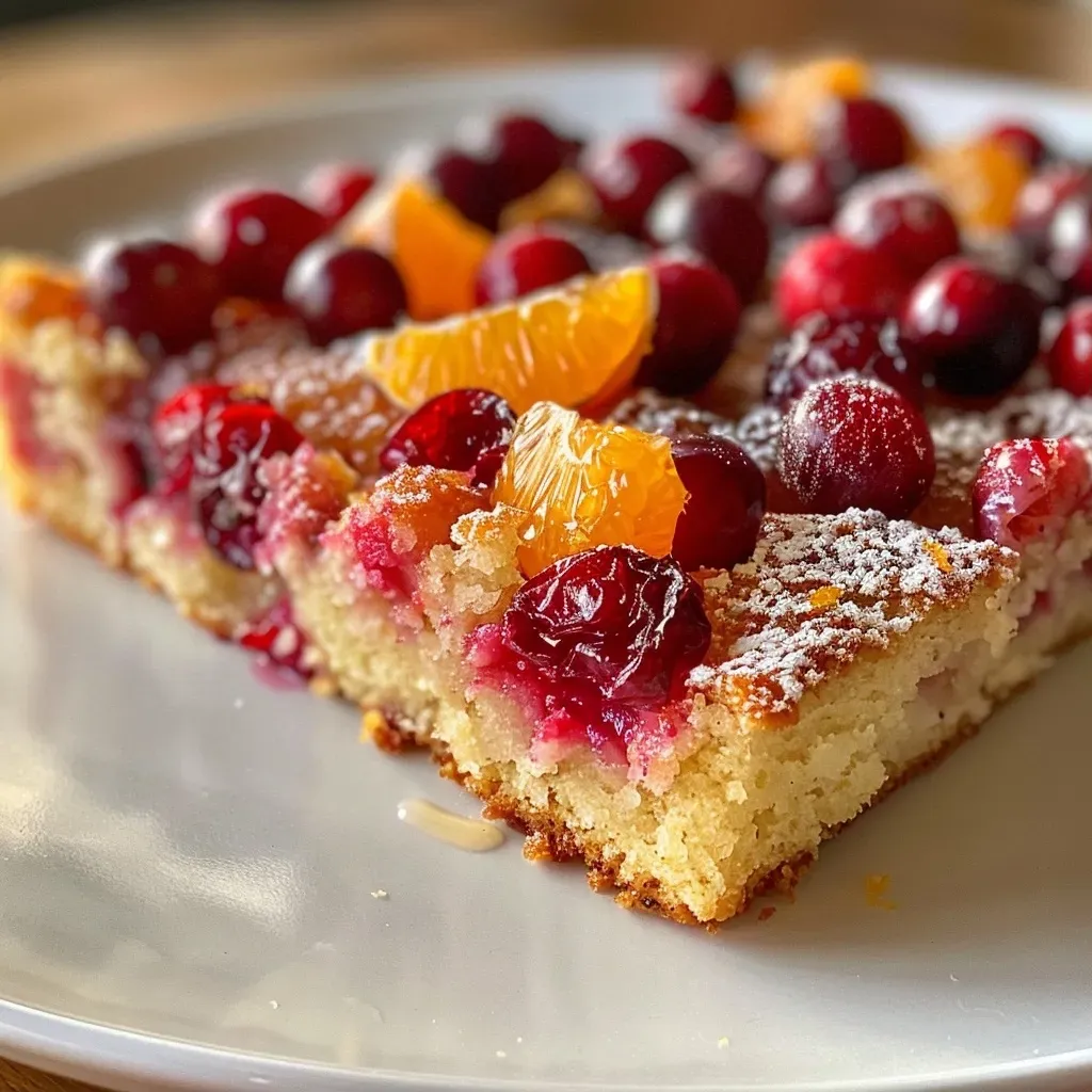 Close-up view of a moist cranberry orange breakfast cake with visible cranberries and orange zest.
