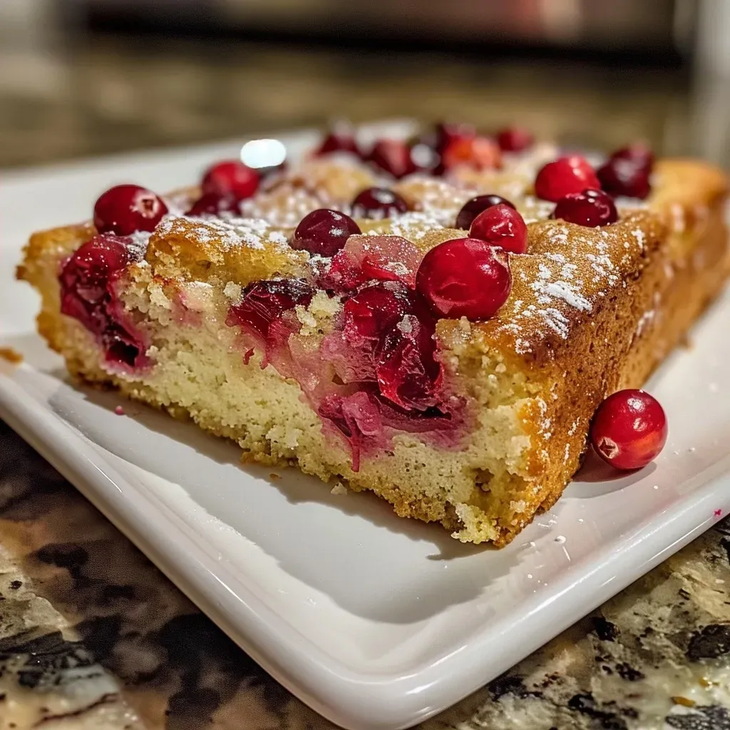 Close-up view of a moist cranberry orange breakfast cake with visible cranberries and orange zest.