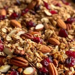 ['Close-up of Cranberry Orange Granola with nuts and dried cranberries.', 'Side view of golden granola with visible orange zest and nuts.', 'Crunchy granola mix featuring cranberries and an array of nuts.', 'Detailed shot of granola highlighting its texture and fruity ingredients.']