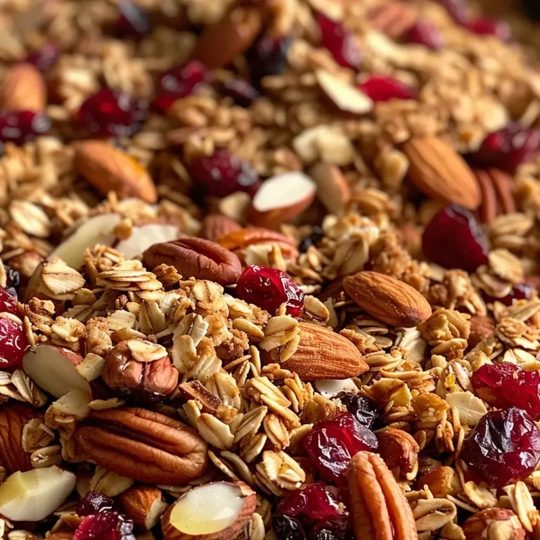 ['Close-up of Cranberry Orange Granola with nuts and dried cranberries.', 'Side view of golden granola with visible orange zest and nuts.', 'Crunchy granola mix featuring cranberries and an array of nuts.', 'Detailed shot of granola highlighting its texture and fruity ingredients.']