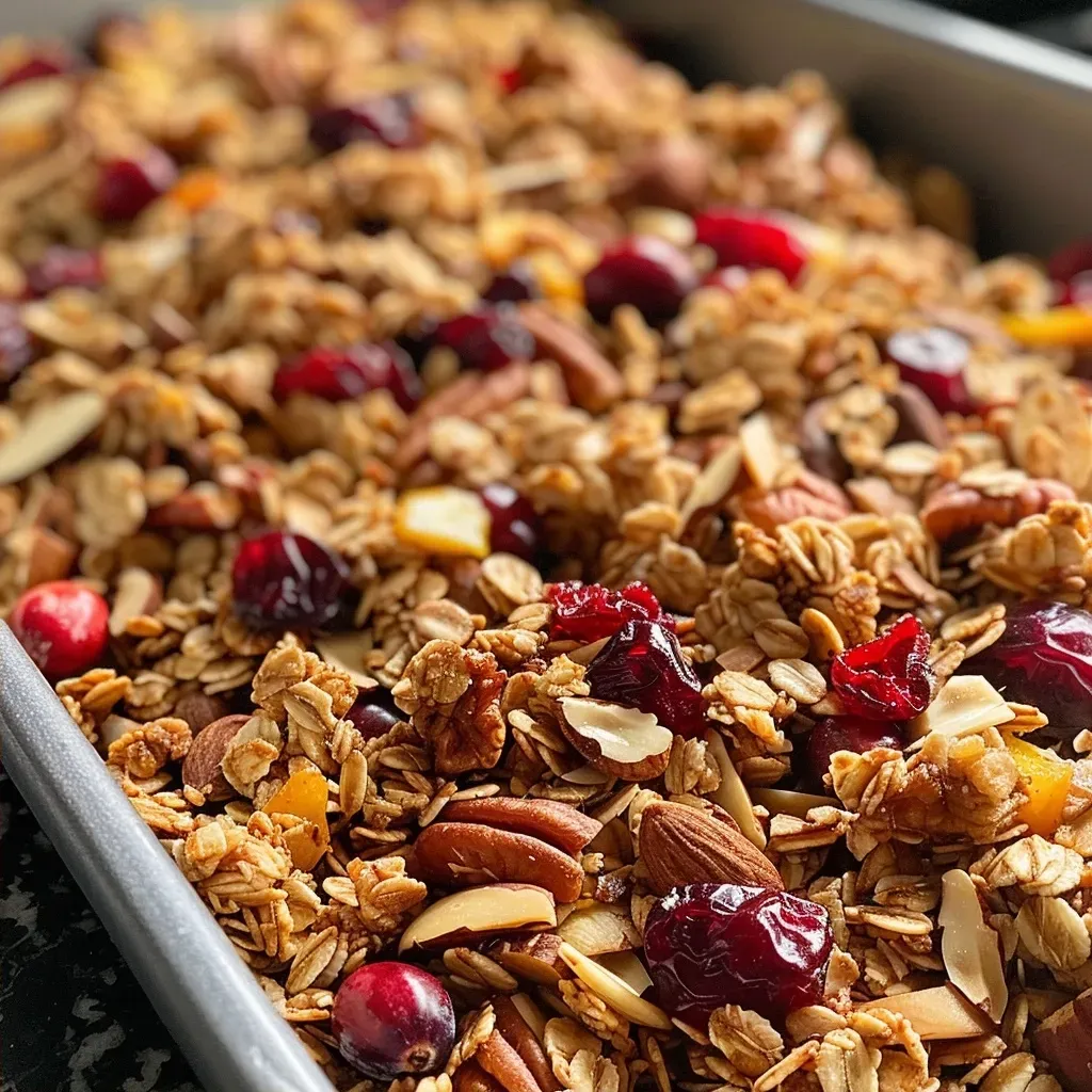 Close-up of Cranberry Orange Granola with nuts and dried cranberries.