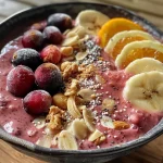 ['Close-up of a vibrant cranberry orange smoothie bowl topped with fruit and nuts.', 'Side view of a delicious smoothie bowl featuring cranberries and orange slices.', 'Rich smoothie bowl with crimson cranberry and orange, garnished with fresh toppings.', 'Creamy texture of a cranberry orange smoothie bowl, showcasing bright colors.']