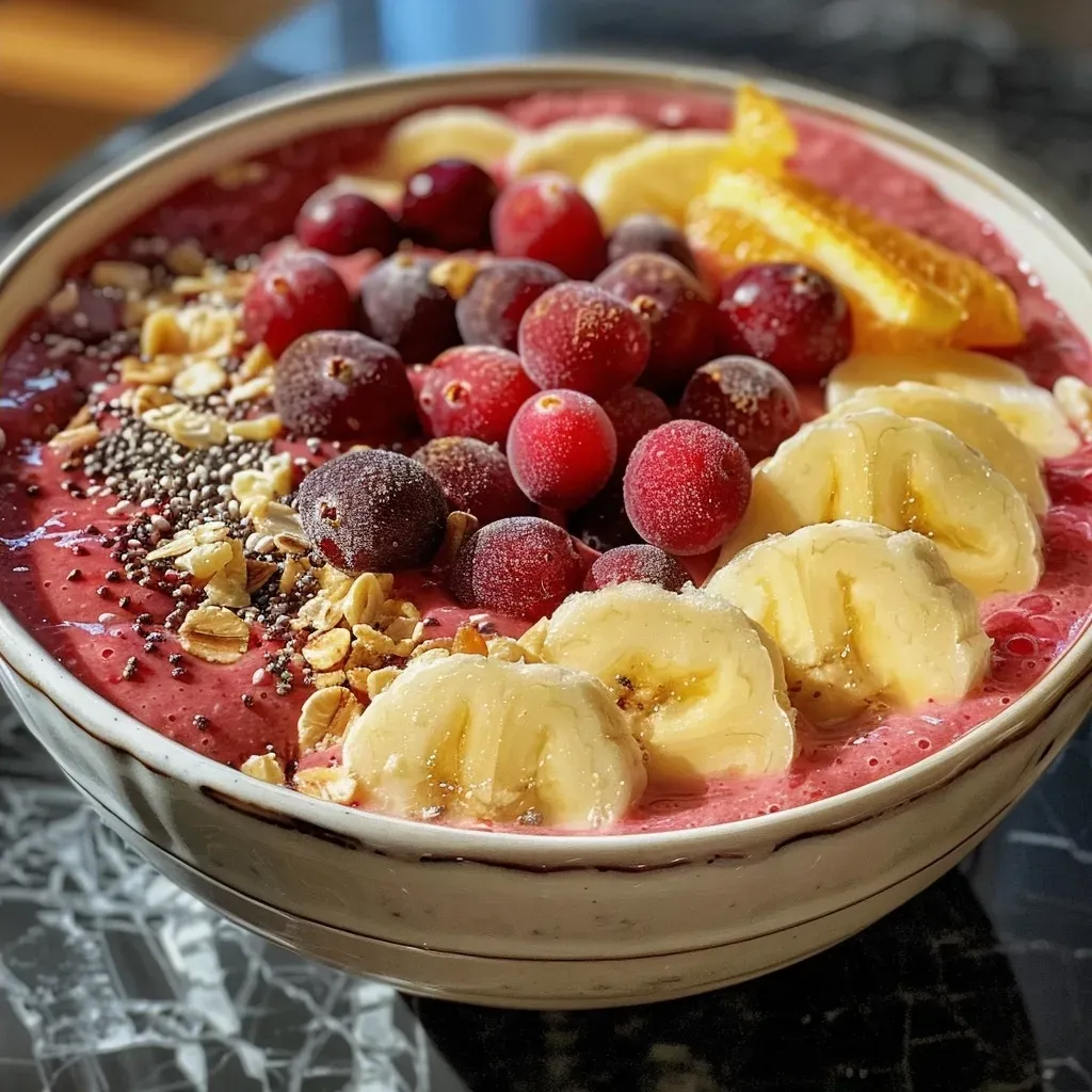 ['Close-up of a vibrant cranberry orange smoothie bowl topped with fruit and nuts.', 'Side view of a delicious smoothie bowl featuring cranberries and orange slices.', 'Rich smoothie bowl with crimson cranberry and orange, garnished with fresh toppings.', 'Creamy texture of a cranberry orange smoothie bowl, showcasing bright colors.']