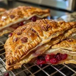 ['A close-up view of crispy Cranberry Pear Hand Pies with golden-brown crusts.', 'Juicy Cranberry Pear Hand Pies showcasing a flaky exterior filled with vibrant fruit.', 'Side view of hand pies filled with cranberries and pears, glistening with an egg wash.', 'Crusty hand pies stuffed with red cranberries and yellow pear chunks, ready to eat.']
