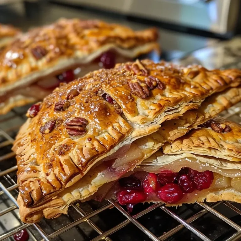 ['A close-up view of crispy Cranberry Pear Hand Pies with golden-brown crusts.', 'Juicy Cranberry Pear Hand Pies showcasing a flaky exterior filled with vibrant fruit.', 'Side view of hand pies filled with cranberries and pears, glistening with an egg wash.', 'Crusty hand pies stuffed with red cranberries and yellow pear chunks, ready to eat.']