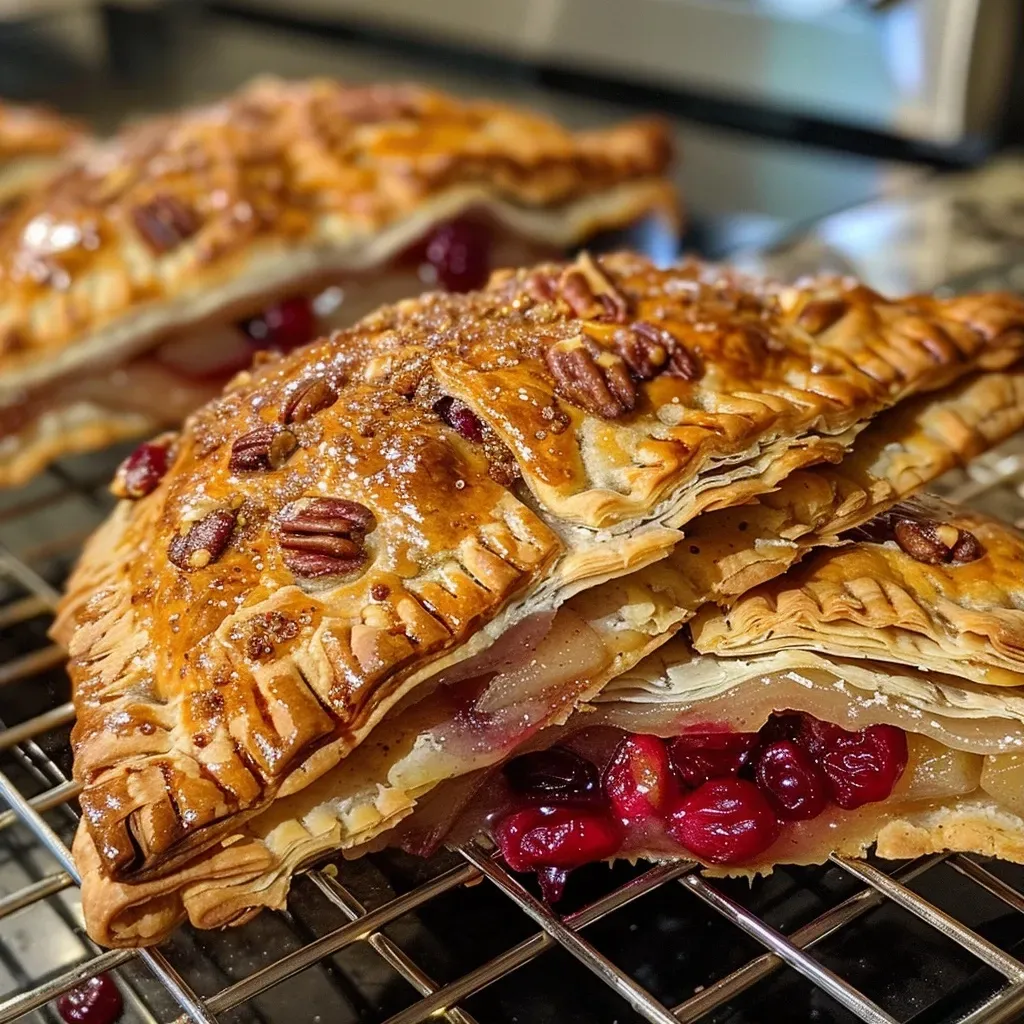 ['A close-up view of crispy Cranberry Pear Hand Pies with golden-brown crusts.', 'Juicy Cranberry Pear Hand Pies showcasing a flaky exterior filled with vibrant fruit.', 'Side view of hand pies filled with cranberries and pears, glistening with an egg wash.', 'Crusty hand pies stuffed with red cranberries and yellow pear chunks, ready to eat.']