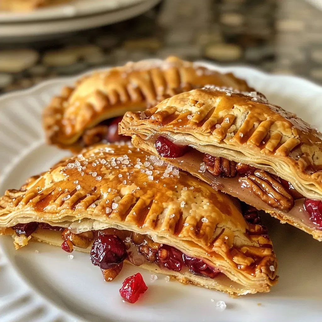 ['A close-up view of crispy Cranberry Pear Hand Pies with golden-brown crusts.', 'Juicy Cranberry Pear Hand Pies showcasing a flaky exterior filled with vibrant fruit.', 'Side view of hand pies filled with cranberries and pears, glistening with an egg wash.', 'Crusty hand pies stuffed with red cranberries and yellow pear chunks, ready to eat.']