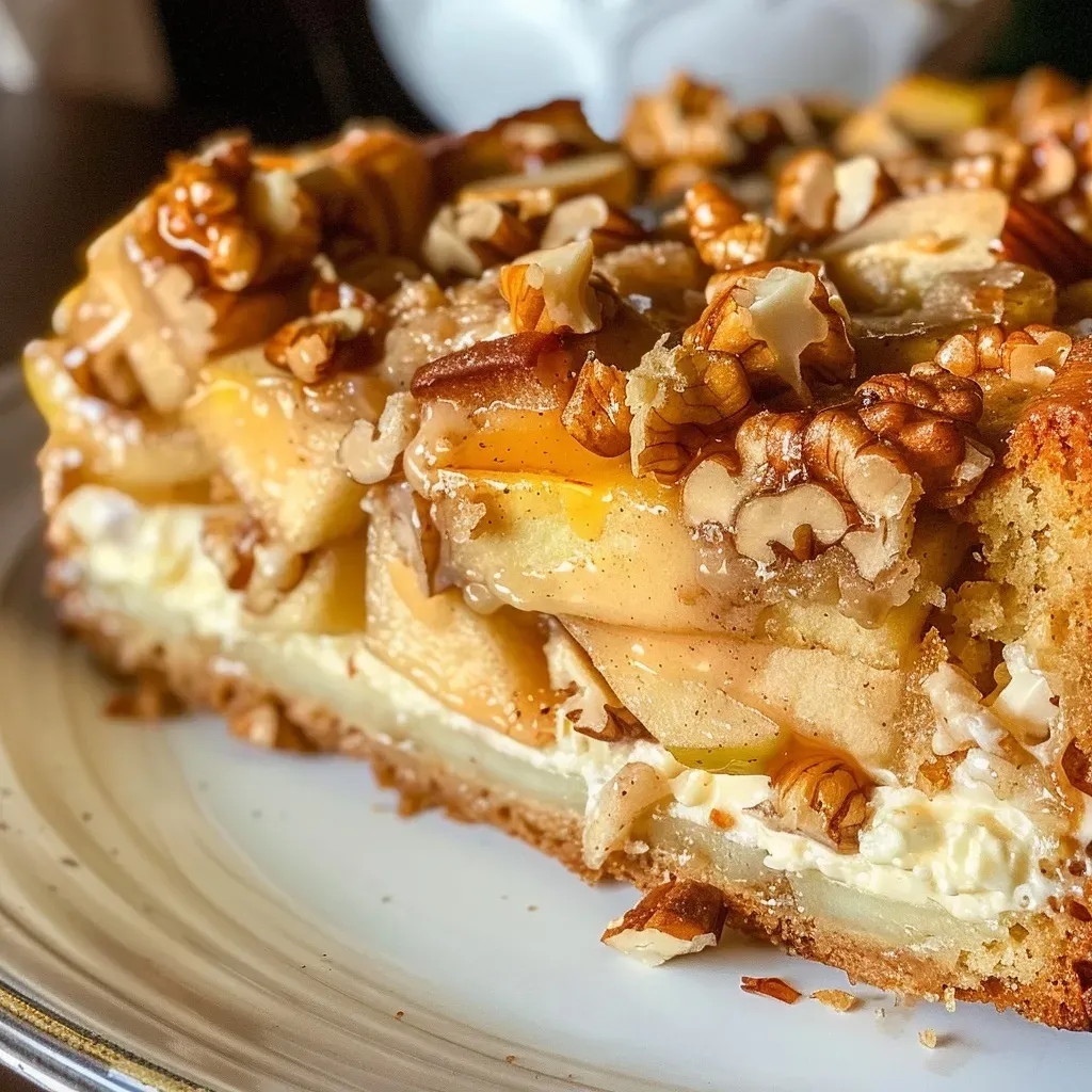 Close-up of a sliced cream cheese apple cake showcasing its moist texture and apple chunks.