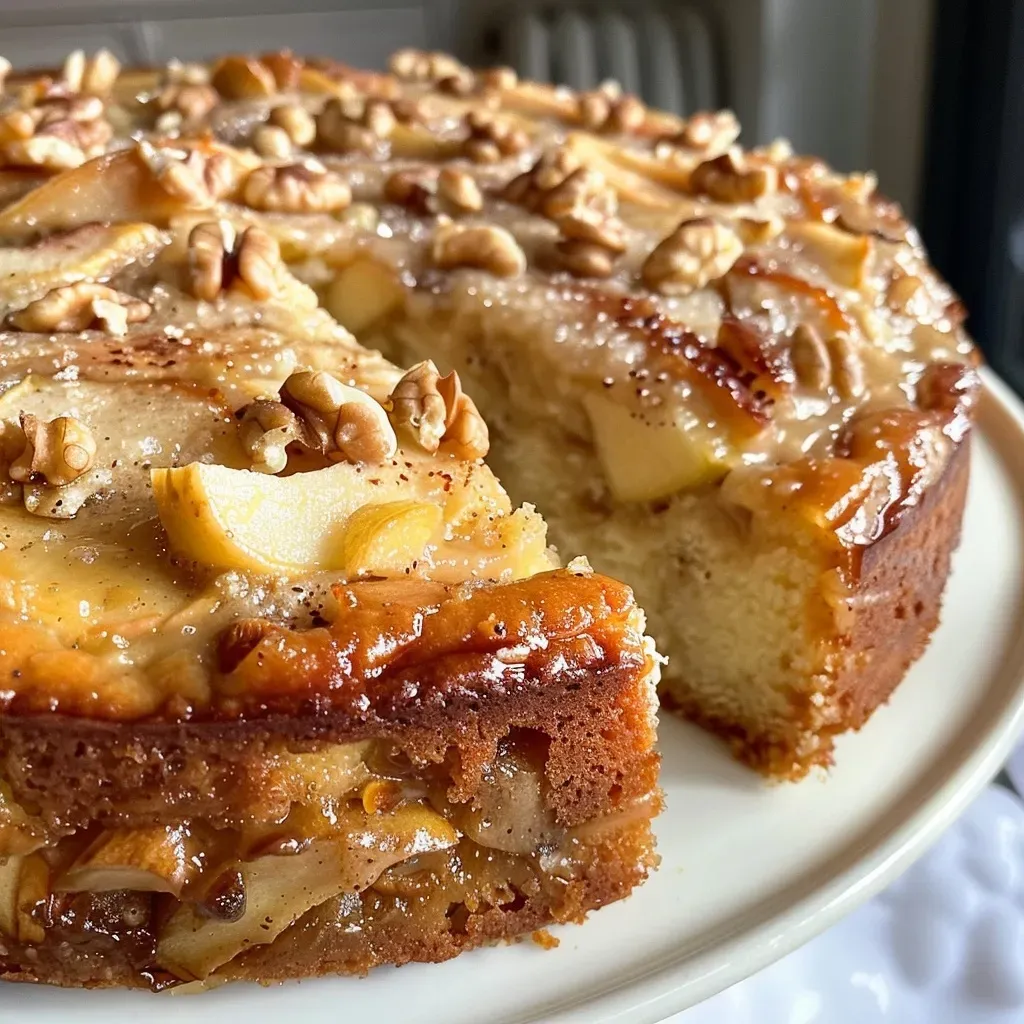 Close-up of a sliced cream cheese apple cake showcasing its moist texture and apple chunks.