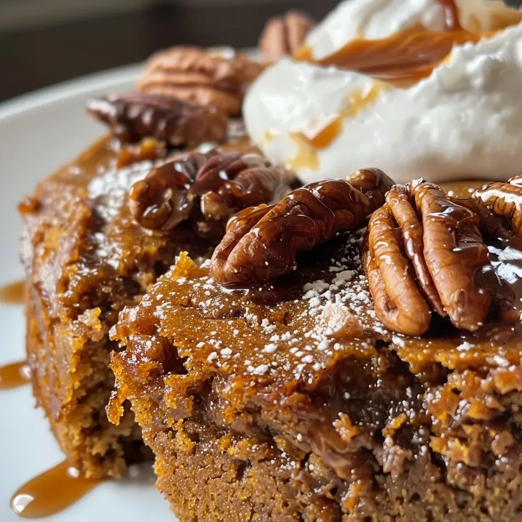 ['Close-up view of a moist crockpot pumpkin spice cake topped with whipped cream and caramel drizzle.', 'Side angle of a delicious pumpkin spice cake in a crockpot, garnished with nuts and ground cinnamon.', 'Juicy pumpkin spice cake freshly made in a crockpot, with a creamy topping and caramel sauce.', 'Appetizing slice of crockpot pumpkin spice cake, featuring a rich texture and warm spices.']