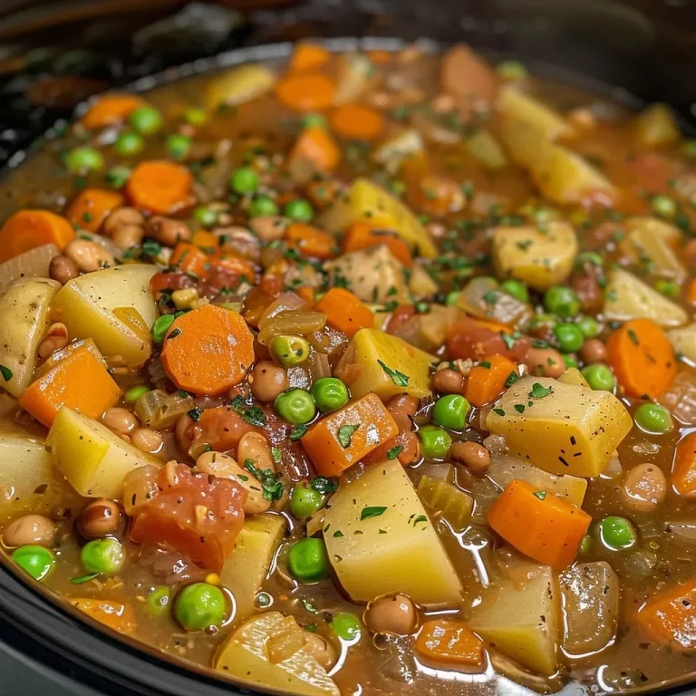 ['A close-up view of a vibrant Crockpot vegetable stew filled with colorful vegetables.', 'A side view photo of hearty vegetable stew with carrots, potatoes, and beans in a white bowl.', 'A detailed image showing a rich, chunky vegetable stew with visible herbs and spices.', 'A close-up shot of a bowl of vegetable stew featuring a variety of fresh ingredients.']