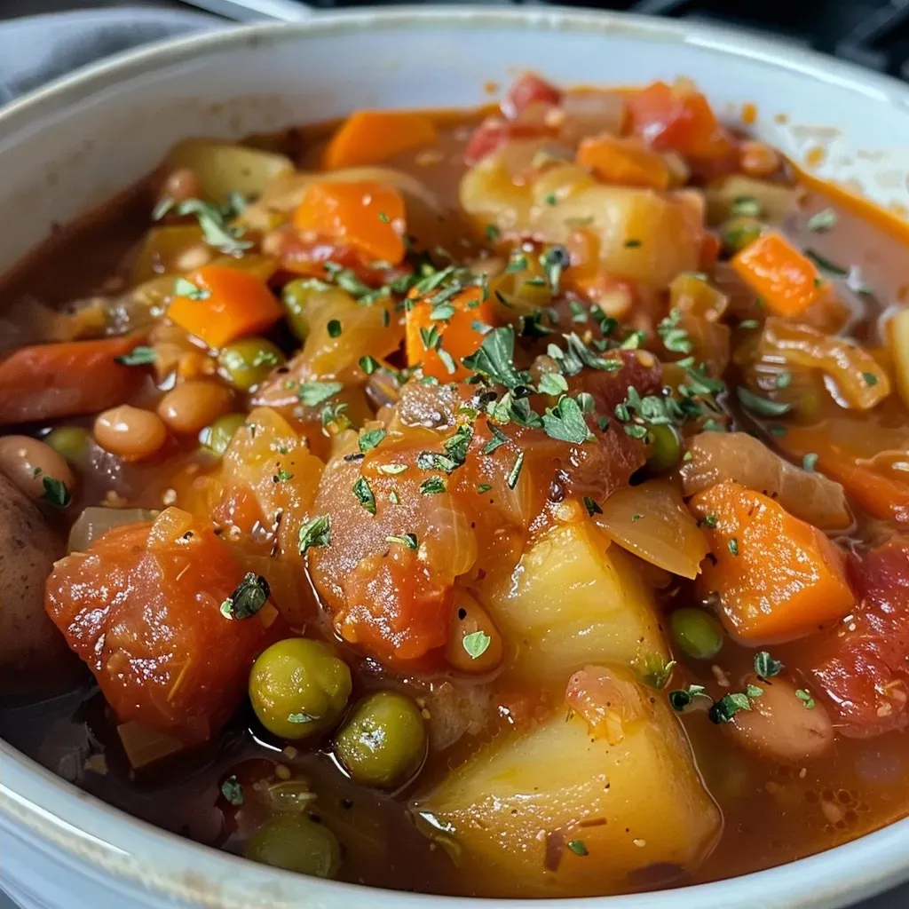 ['A close-up view of a vibrant Crockpot vegetable stew filled with colorful vegetables.', 'A side view photo of hearty vegetable stew with carrots, potatoes, and beans in a white bowl.', 'A detailed image showing a rich, chunky vegetable stew with visible herbs and spices.', 'A close-up shot of a bowl of vegetable stew featuring a variety of fresh ingredients.']
