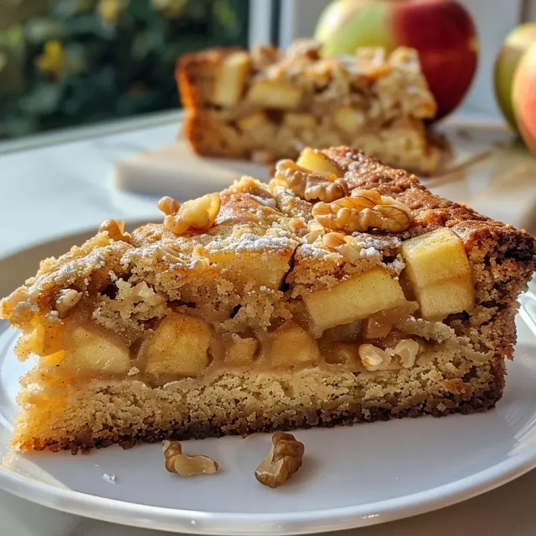 ['A close-up side view of a moist apple cake topped with walnuts.', 'A detailed shot of a freshly baked apple cake with walnut pieces visible on top.', 'Side view of a delicious apple cake showcasing baked apples and walnuts.', 'A vibrant slice of apple cake highlighting juicy apple slices and crunchy walnuts.']