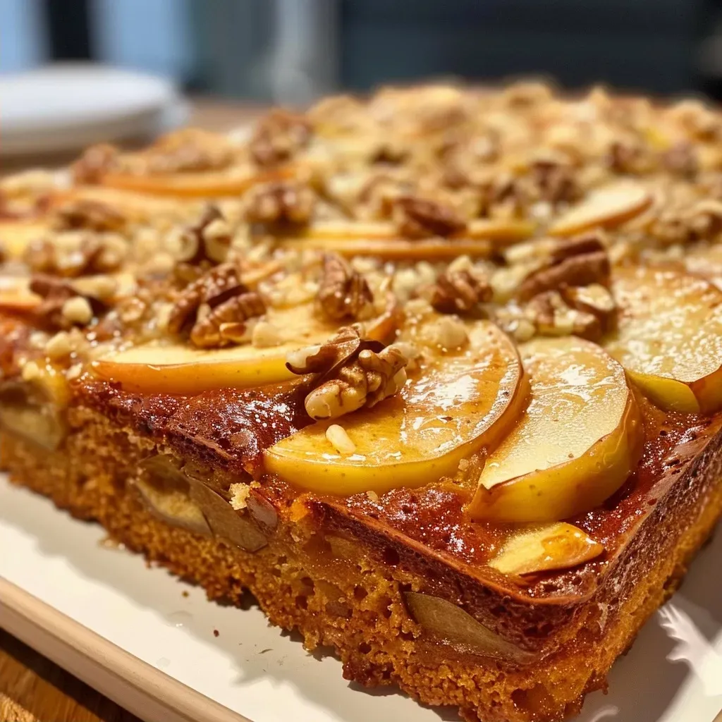 A close-up side view of a moist apple cake topped with walnuts.