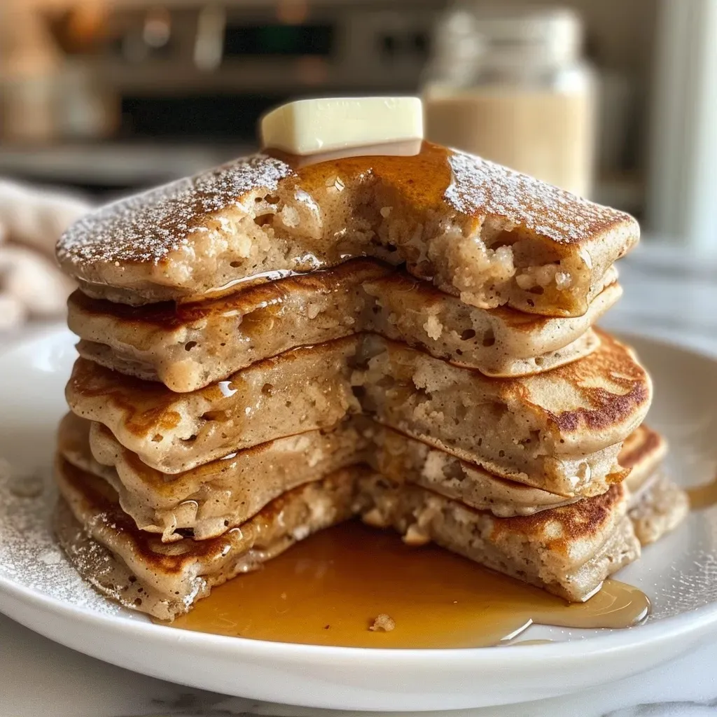 ['Close-up side view of fluffy, golden-brown Double Chai Spiced Pancakes stacked on a plate.', 'Juicy and delicious Double Chai Spiced Pancakes with a light dusting of powdered sugar on top.', 'Side view of warm Double Chai Spiced Pancakes drizzled with syrup, showcasing their spiced texture.', 'A stack of moist Double Chai Spiced Pancakes garnished with a cinnamon stick and a sprinkle of spices.']