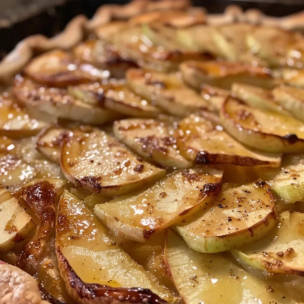 ['Close-up of a golden-brown apple galette featuring sliced apples on a flaky crust.', 'Side view of a juicy apple galette, highlighting the crisp pastry and colorful apple slices.', 'A delicious apple galette with glistening apple slices, set against a wooden surface.', 'Tasty apple galette showing layers of apples and pastry, ready to serve.']
