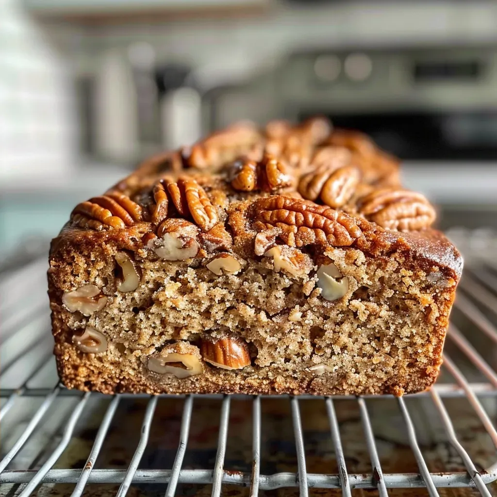 Close-up side view of a loaf of Easy Maple Pecan Bread with a golden crust and visible pecans.
