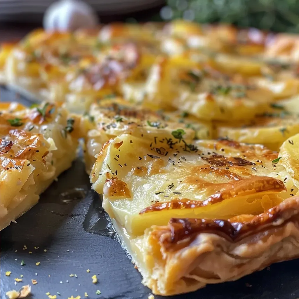 ['Close-up view of a delicious potato tart topped with thyme and lemon zest.', 'Juicy potato tart with a golden crust, fresh thyme, and garlic, seen from the side.', 'Side angle of an easy potato tart showcasing layers of potatoes and herbs.', 'Detailed shot of a savory potato tart revealing a flaky pastry filled with lemon and thyme.']