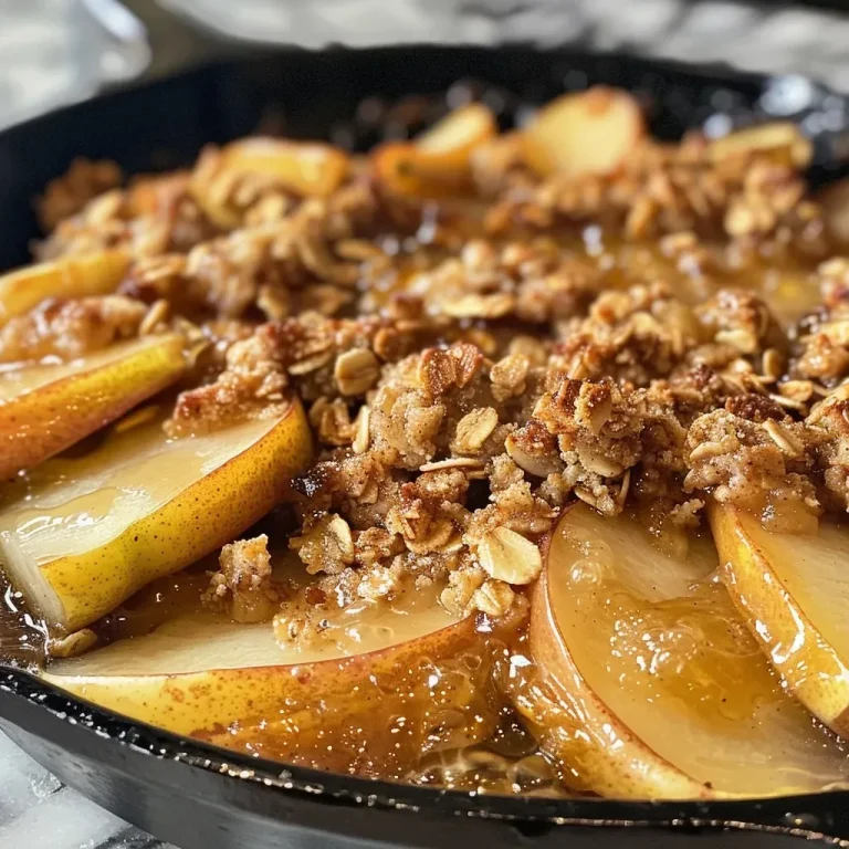 ['Close-up of a skillet filled with warm pear crisp, golden brown topping visible.', 'Side view of a delicious pear crisp in a skillet, with pear slices and crispy oat topping.', 'Juicy, baked pear crisp displayed in a skillet, featuring a crunchy oat and sugar topping.', 'Irresistible pear crisp in a skillet, showcasing sliced pears and a golden, crumbly crust.']