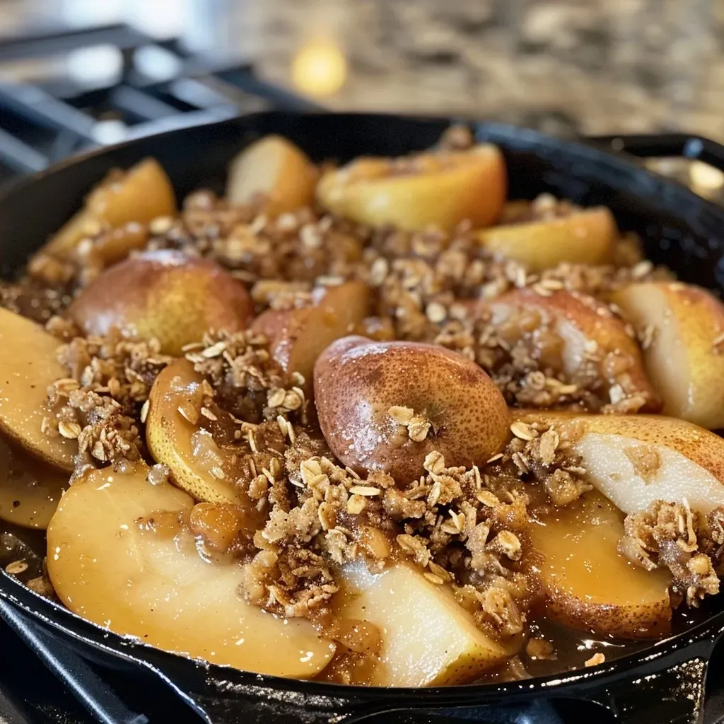 Close-up of a skillet filled with warm pear crisp, golden brown topping visible.
