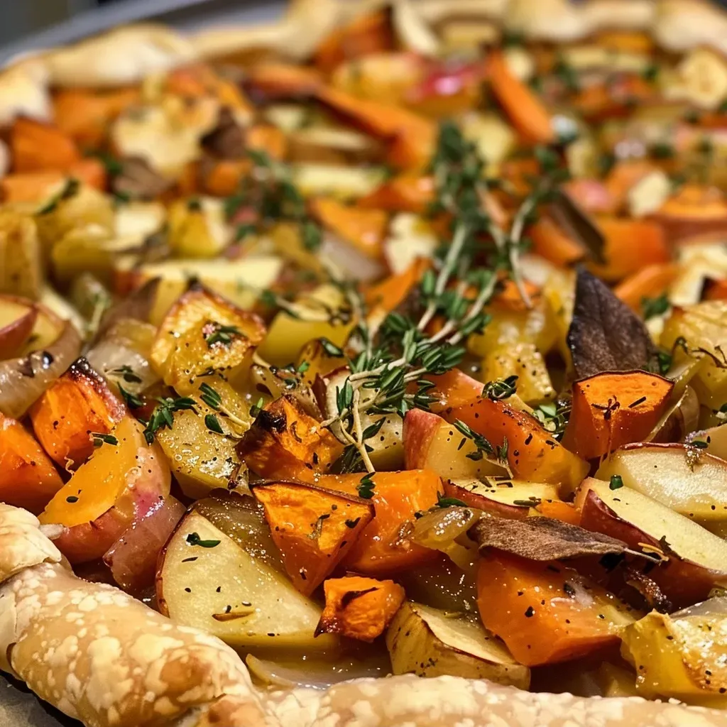 Close-up view of a golden brown Fall Vegetable and Herb Galette with visible chunks of vegetables and herbs.